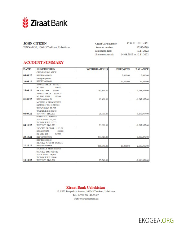 Relevé de la banque Ziraat d'Ouzbékistan, format Excel et PDF